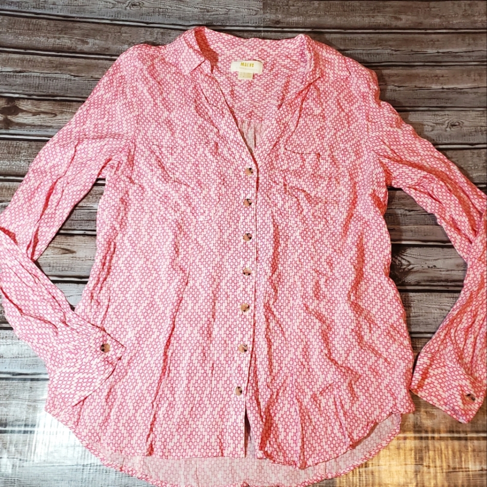 Anthropologie Maeve Pink White Geometric Printed  Button Down 6 EUC